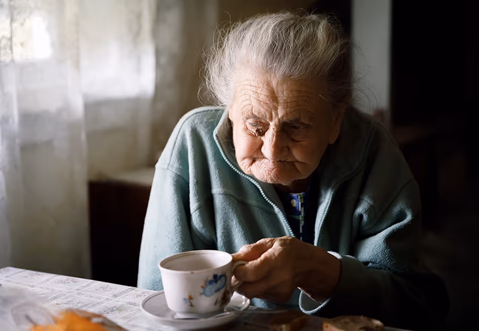 Elderly woman in green robe eating meal at table