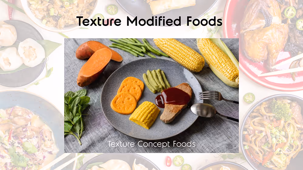 Texture modified foods on plate showing shaped vegetables and proteins for dysphagia