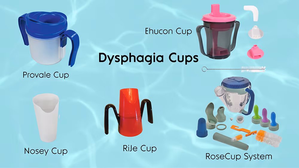 Various dysphagia cups including Provale, Ehucon, Nosey, Rile, and RoseCup System