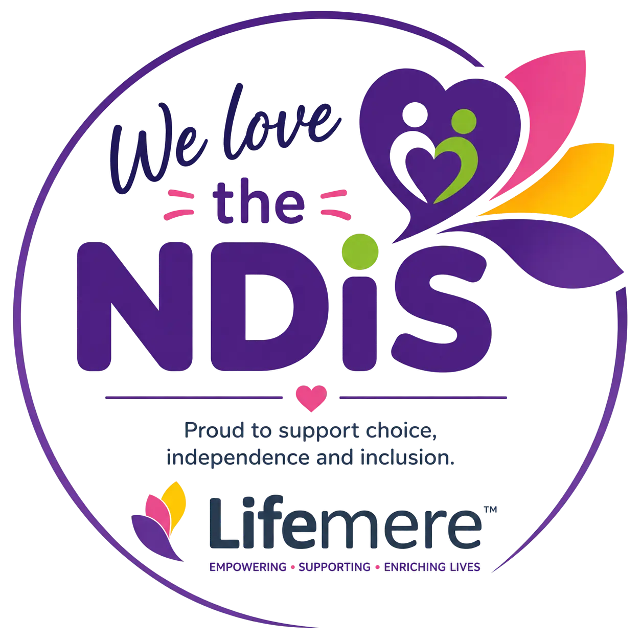 A Lifemere logo badge that reads "We love the NDIS" on a dark background.