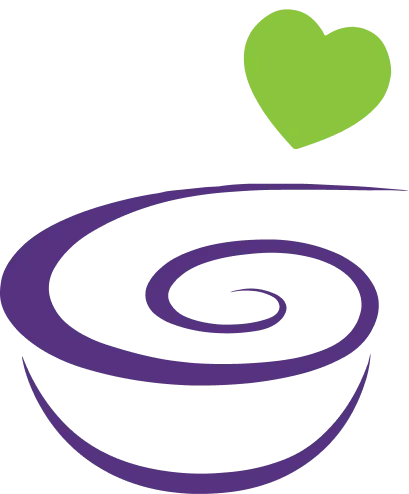 A stylized purple bowl with a matching spiral design, topped with a small green heart.