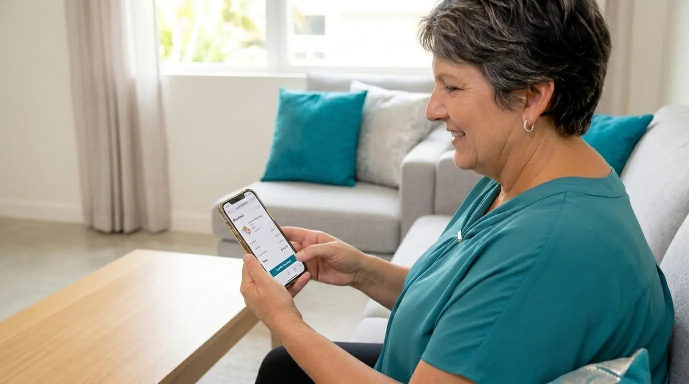 A smiling older woman sitting on a living room couch while using her smartphone.