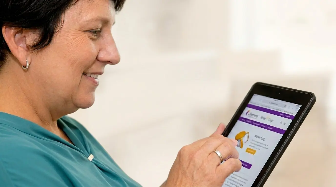 Close-up of a smiling older woman browsing a website on her tablet.