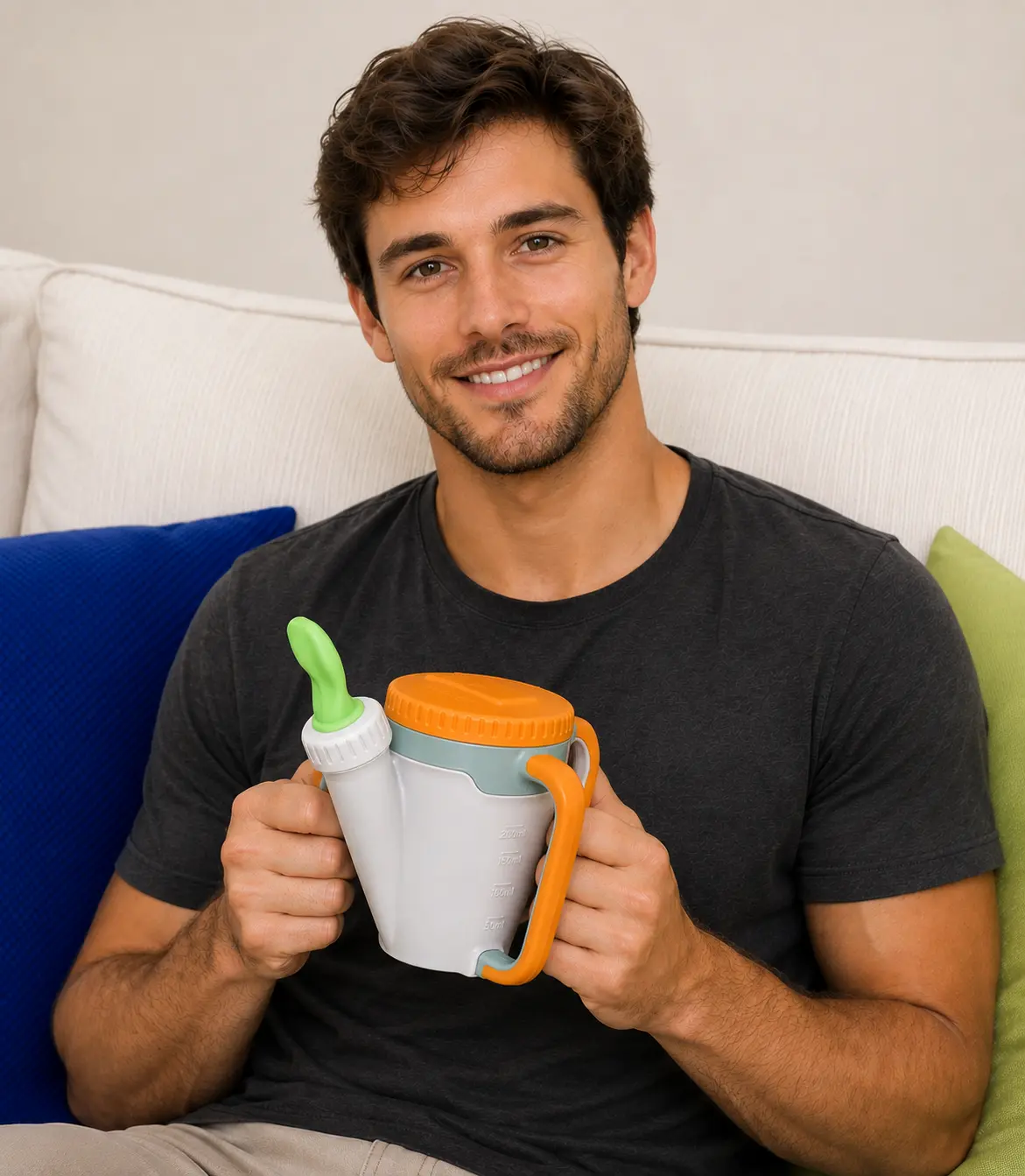 Smiling man on a couch holding a white Rosecup adaptive drinking cup with orange handles.