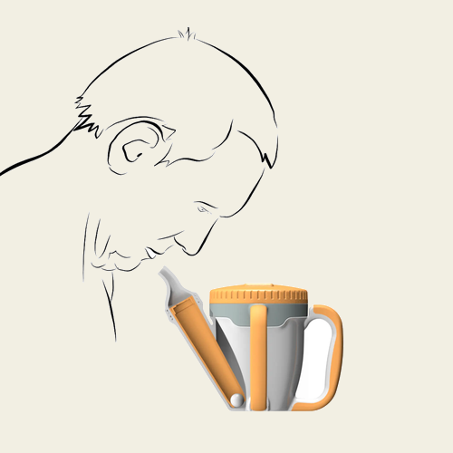 Line drawing of a person drinking from a cutaway render of a RoseCup adaptive feeder.