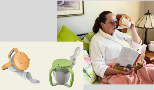 Woman in a robe using a RoseCup feeder while reading in bed, with product renders beside.