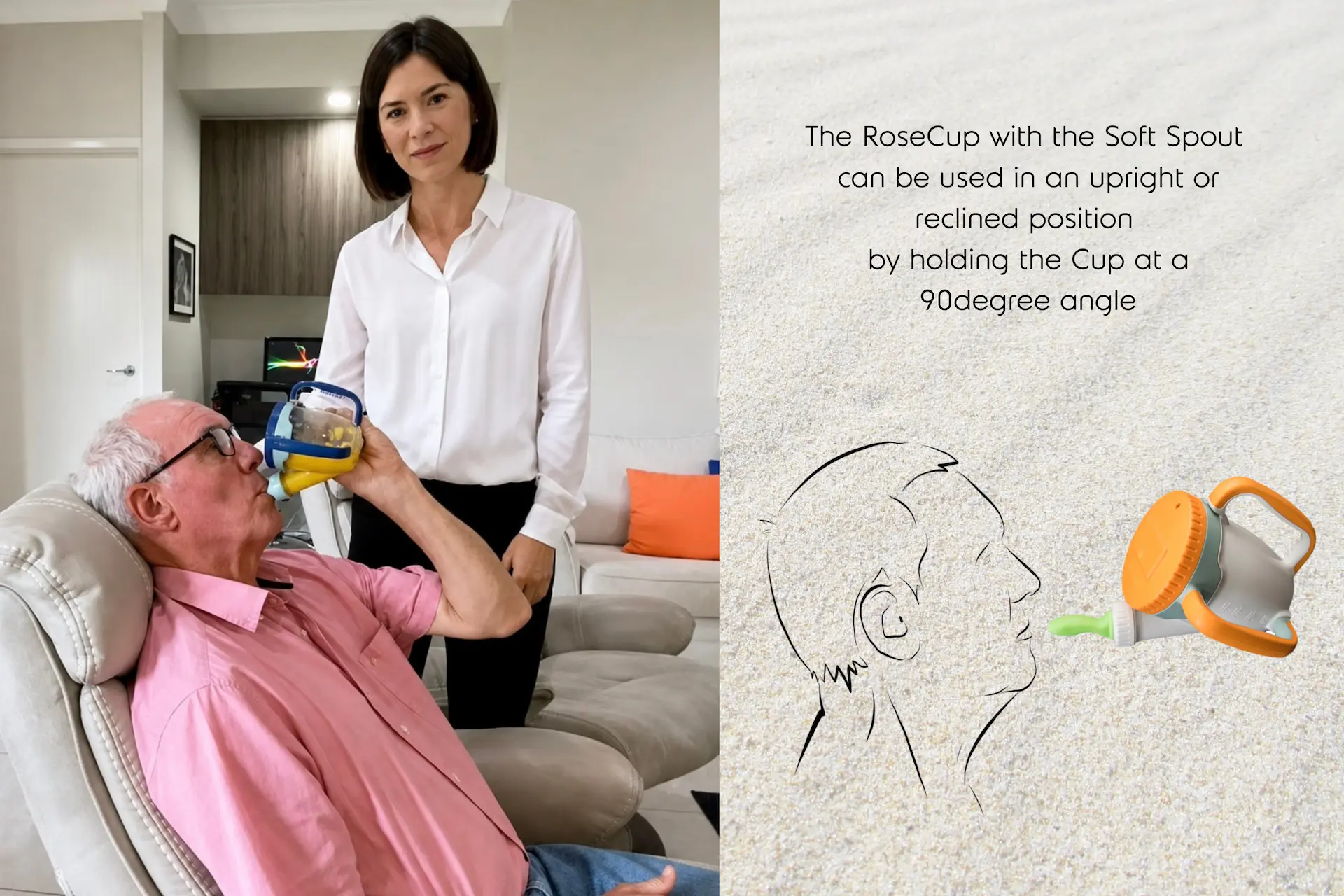 Man in recliner drinking from a RoseCup Soft Spout at 90-degree angle with diagram on right.