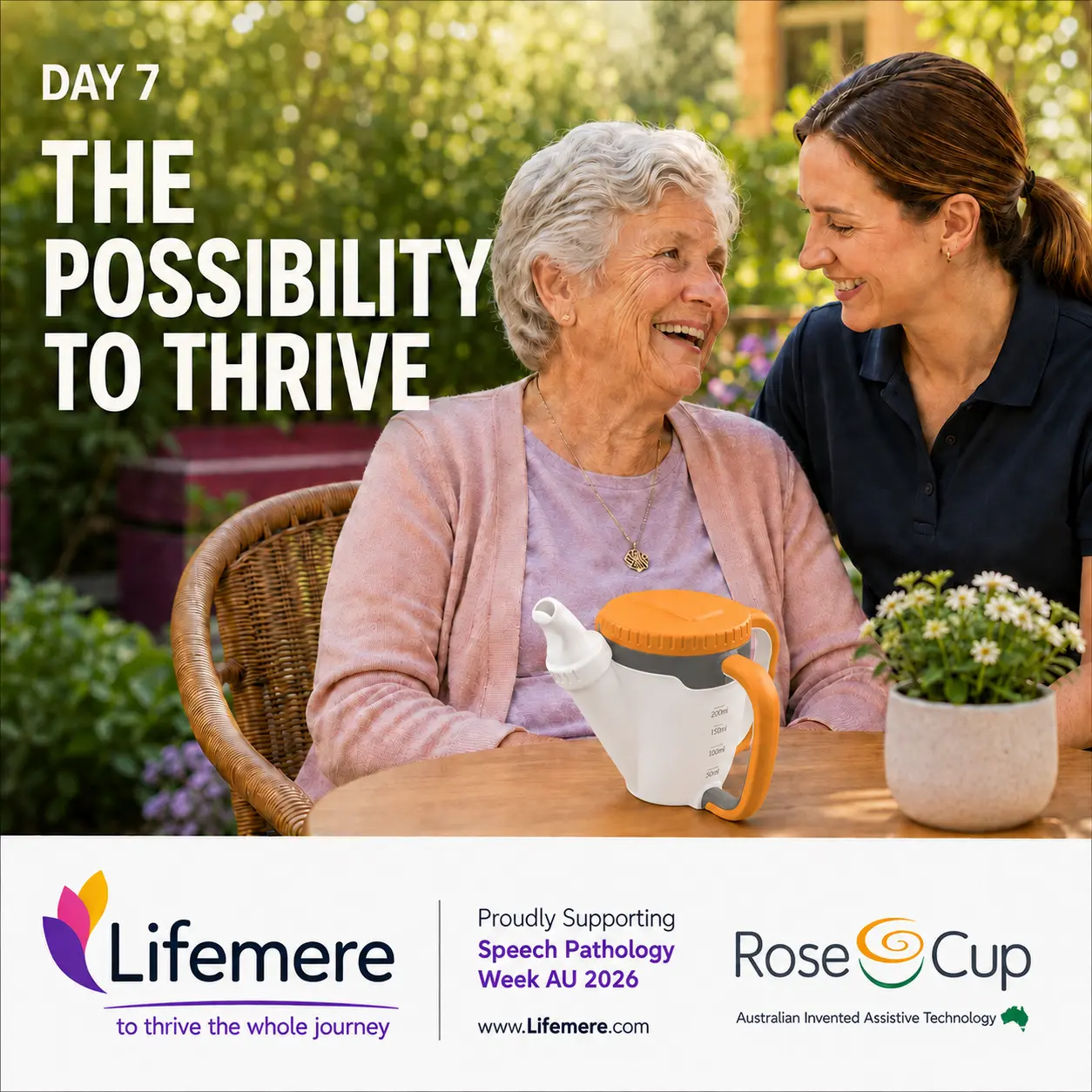 Speech pathologist smiling with senior woman outdoors beside Rose Cup for Day 7.