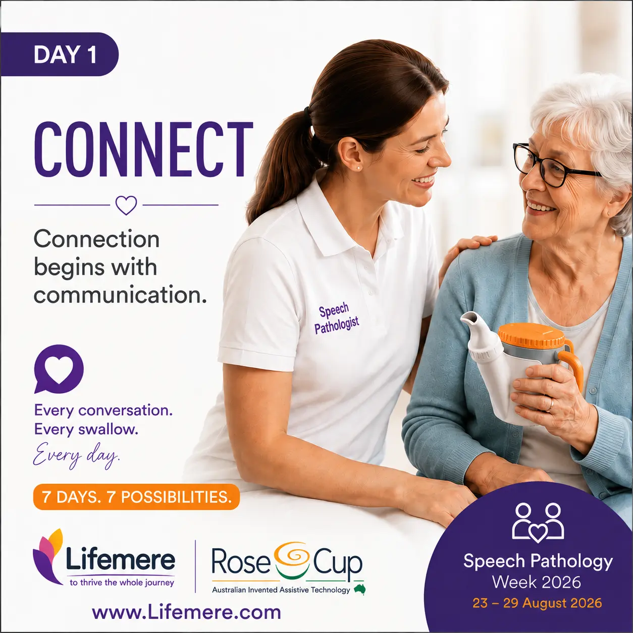 Speech pathologist smiling with an elderly woman holding an assistive Rose Cup for Day 1.