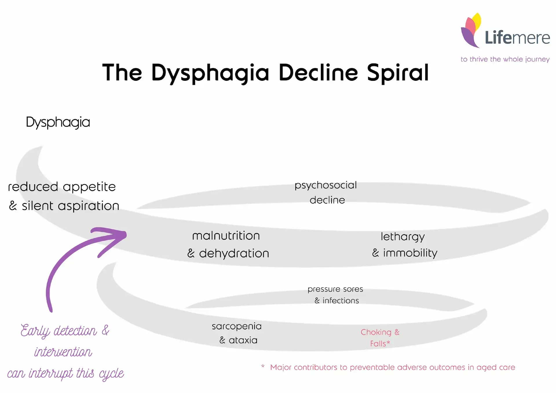 Diagram showing the Dysphagia Decline Spiral from appetite loss to malnutrition and falls