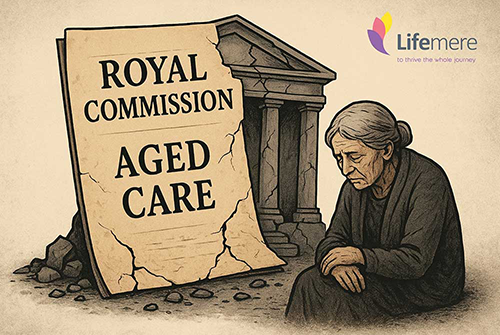 Cracked Royal Commission Aged Care monument beside elderly woman.