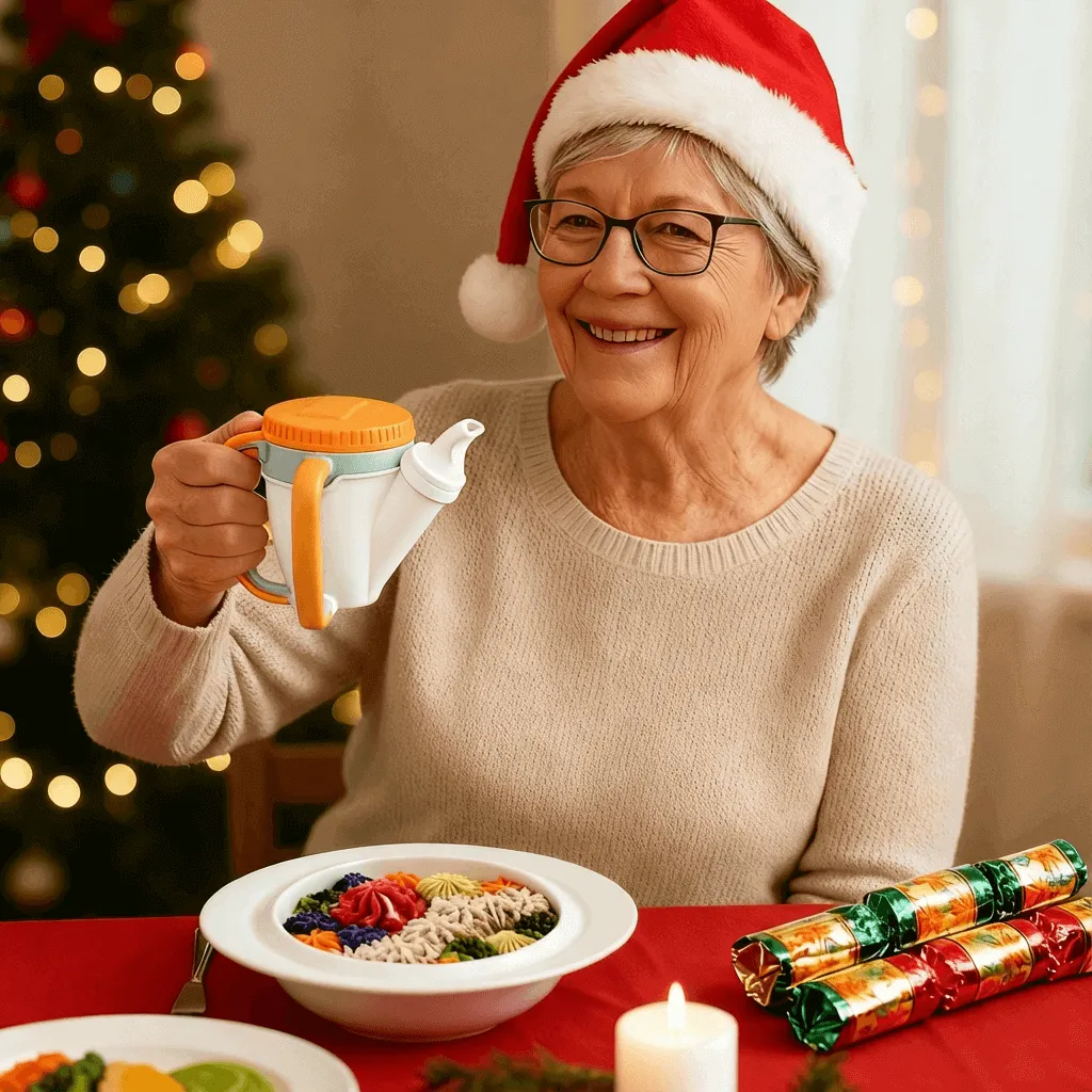 Smiling senior woman wearing a Santa hat holds a small teapot at festive Christmas dinner.