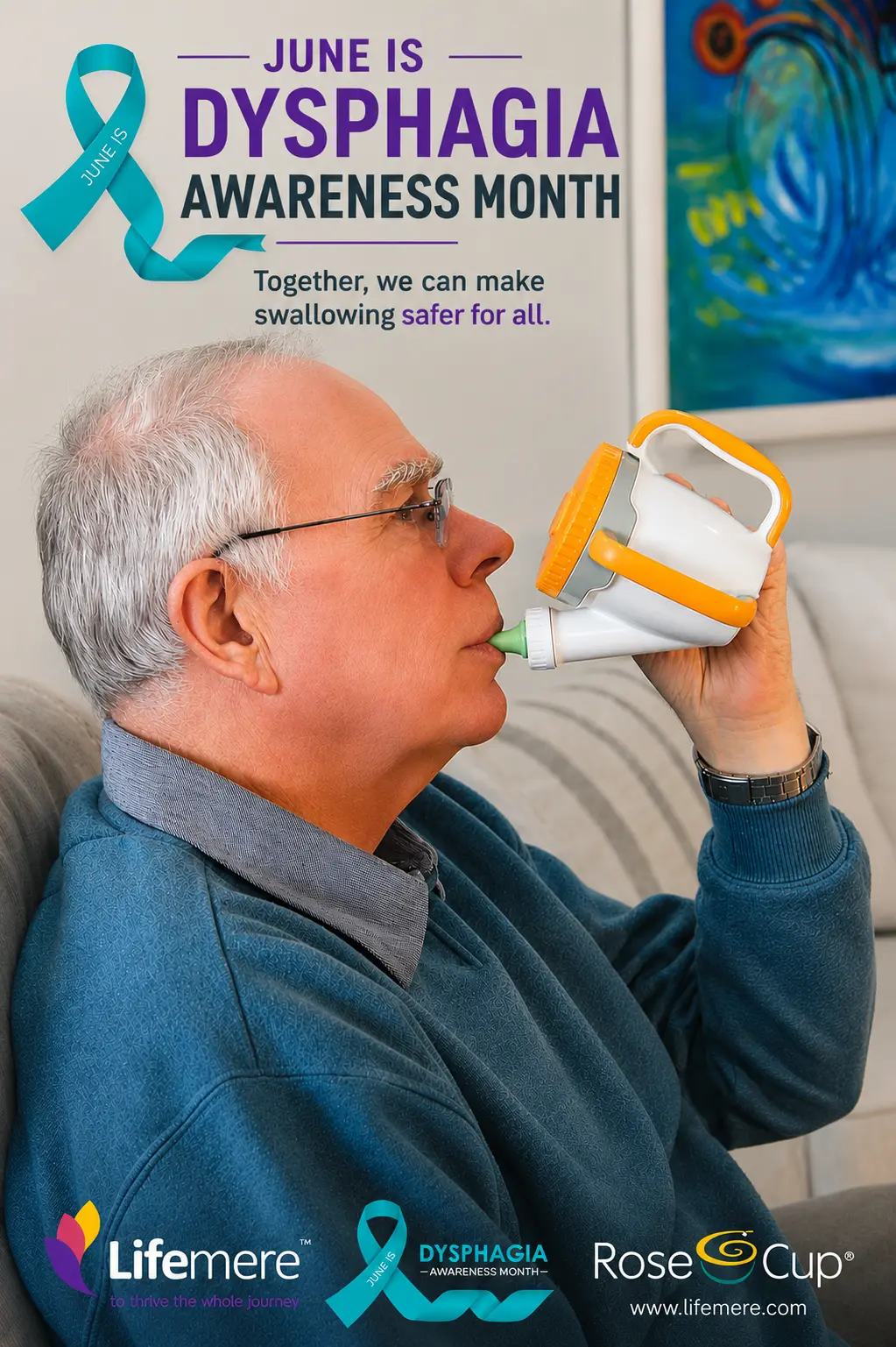 An older man drinking from a specialized Rose Cup for Dysphagia Awareness Month.