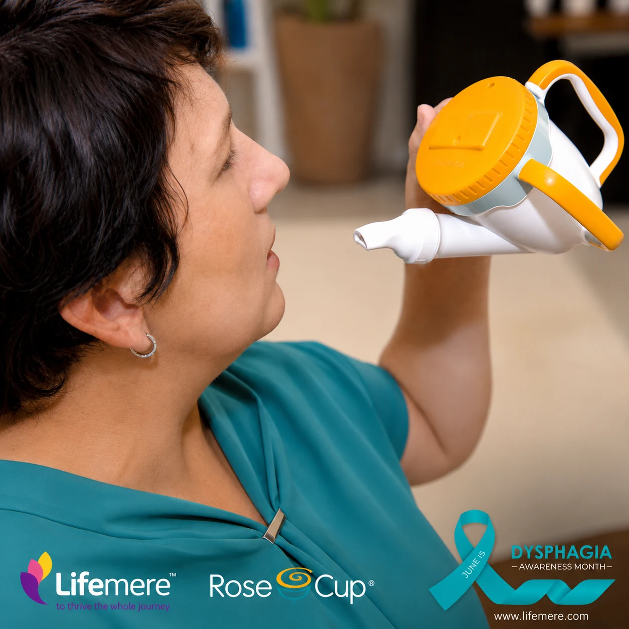 A woman holding up an ergonomic, specialized Rose Cup drinking device for dysphagia.