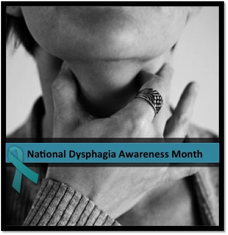A person holding their throat in a black and white photo for National Dysphagia Awareness.