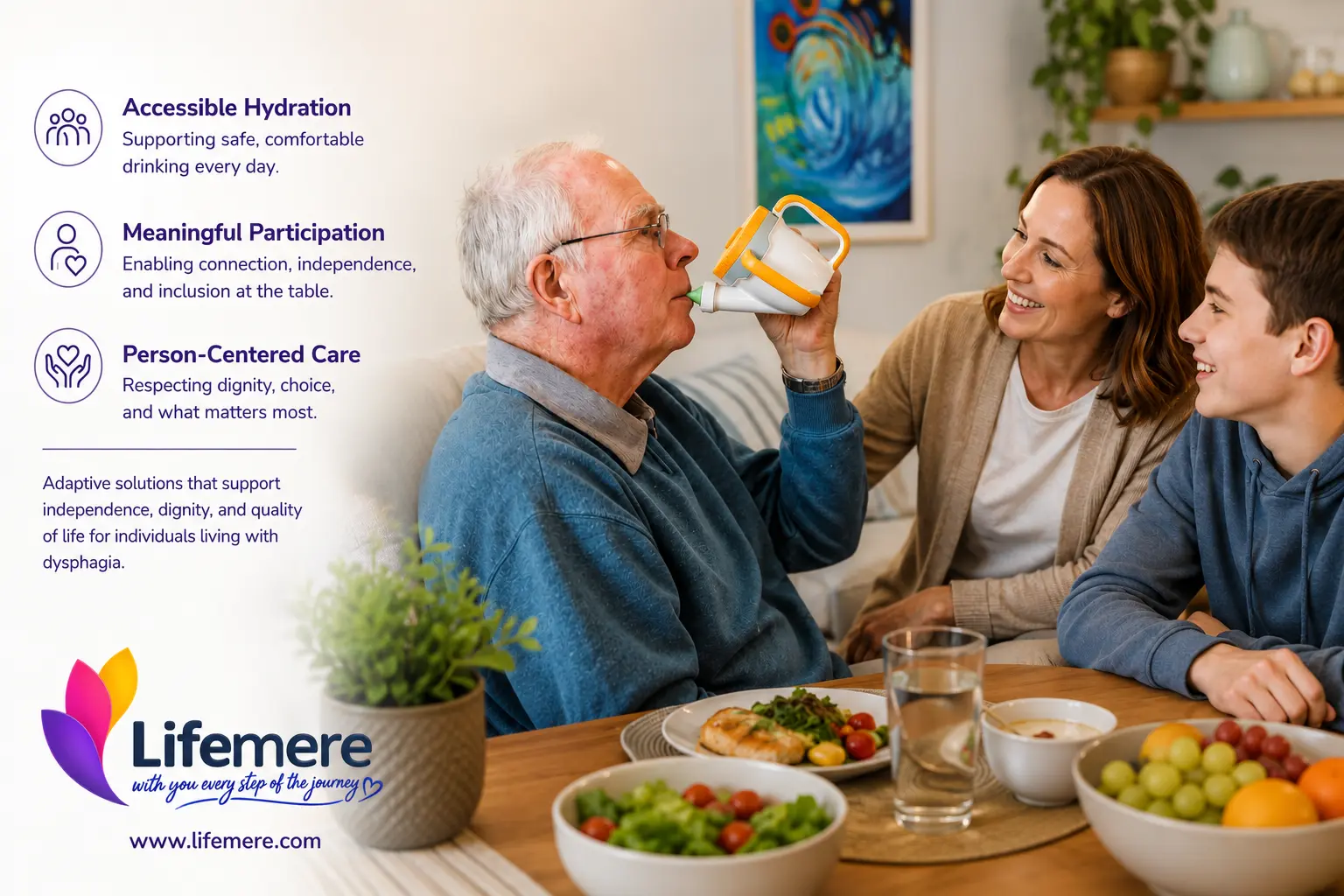 Elderly man uses an adaptive Lifemere cup at dinner with family, supporting dysphagia care.