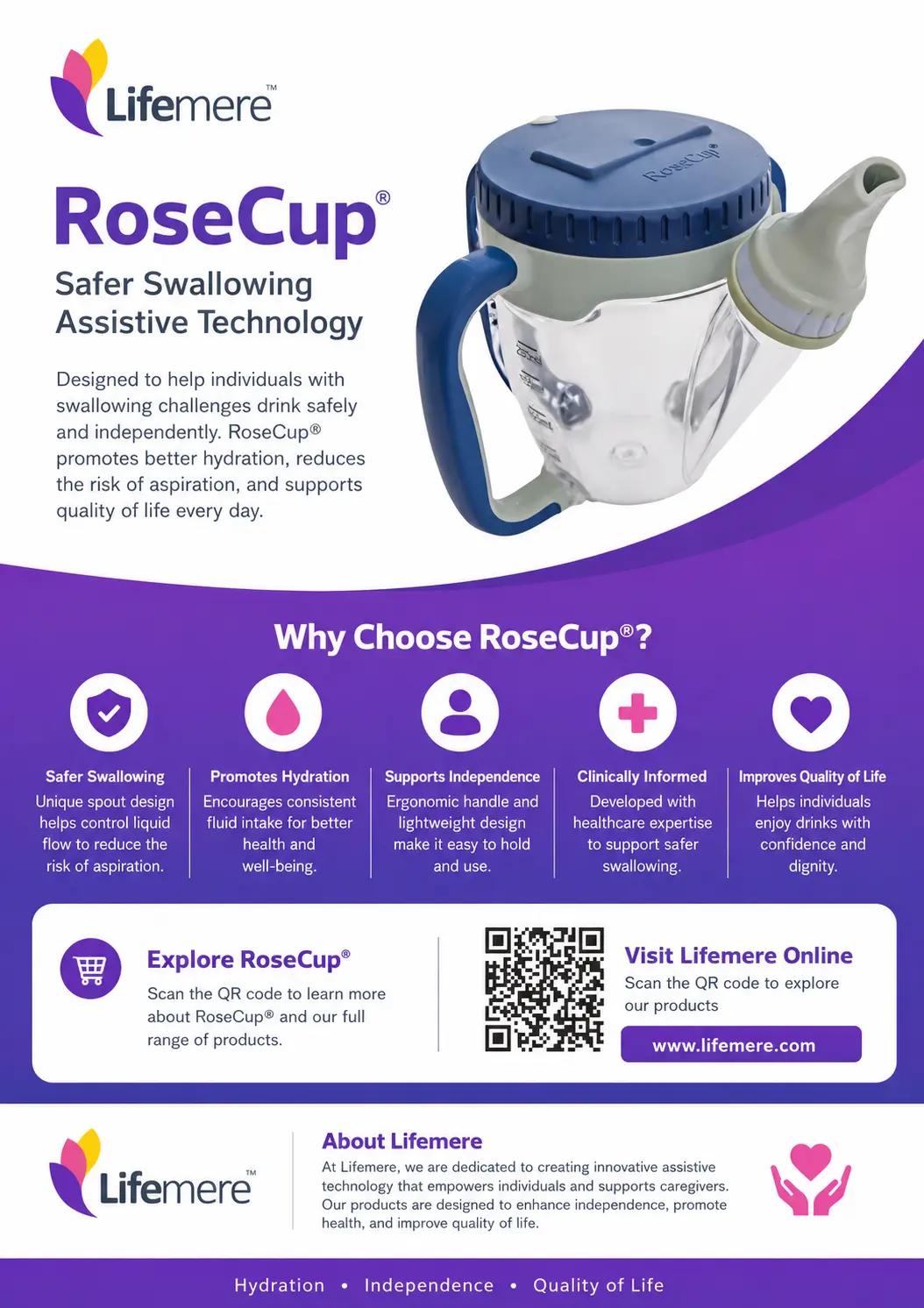 Lifemere RoseCup infographic showing the assistive drinking cup and key product features.