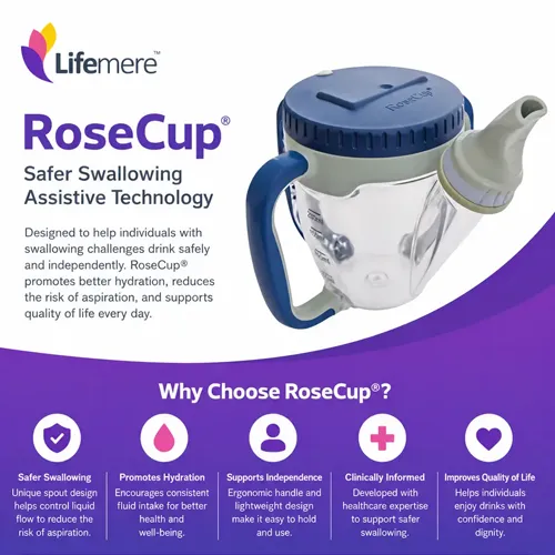 Lifemere RoseCup infographic showing the assistive drinking cup and key product features.