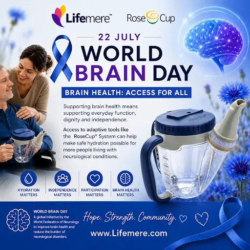 Person with neurological dysphagia with caregiver on world brain day promoting use of the RoseCup® System for accessible adaptive intake.
