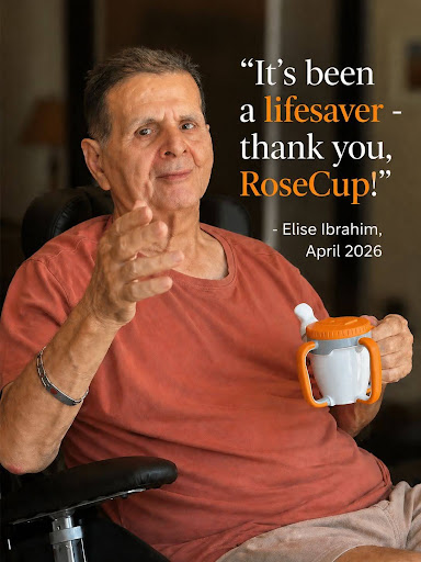 Gentleman in stroke rehab with neurological dysphagia independently drinking using the RoseCup® Adaptive Drinking System by Lifemere with successful outcomes in Speech Therapy.