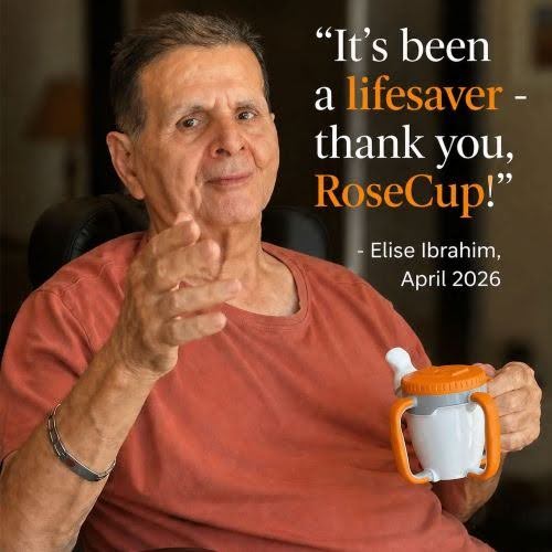 Gentleman in stroke rehab with neurological dysphagia independently drinking using the RoseCup® Adaptive Drinking System by Lifemere with successful outcomes in Speech Therapy.
