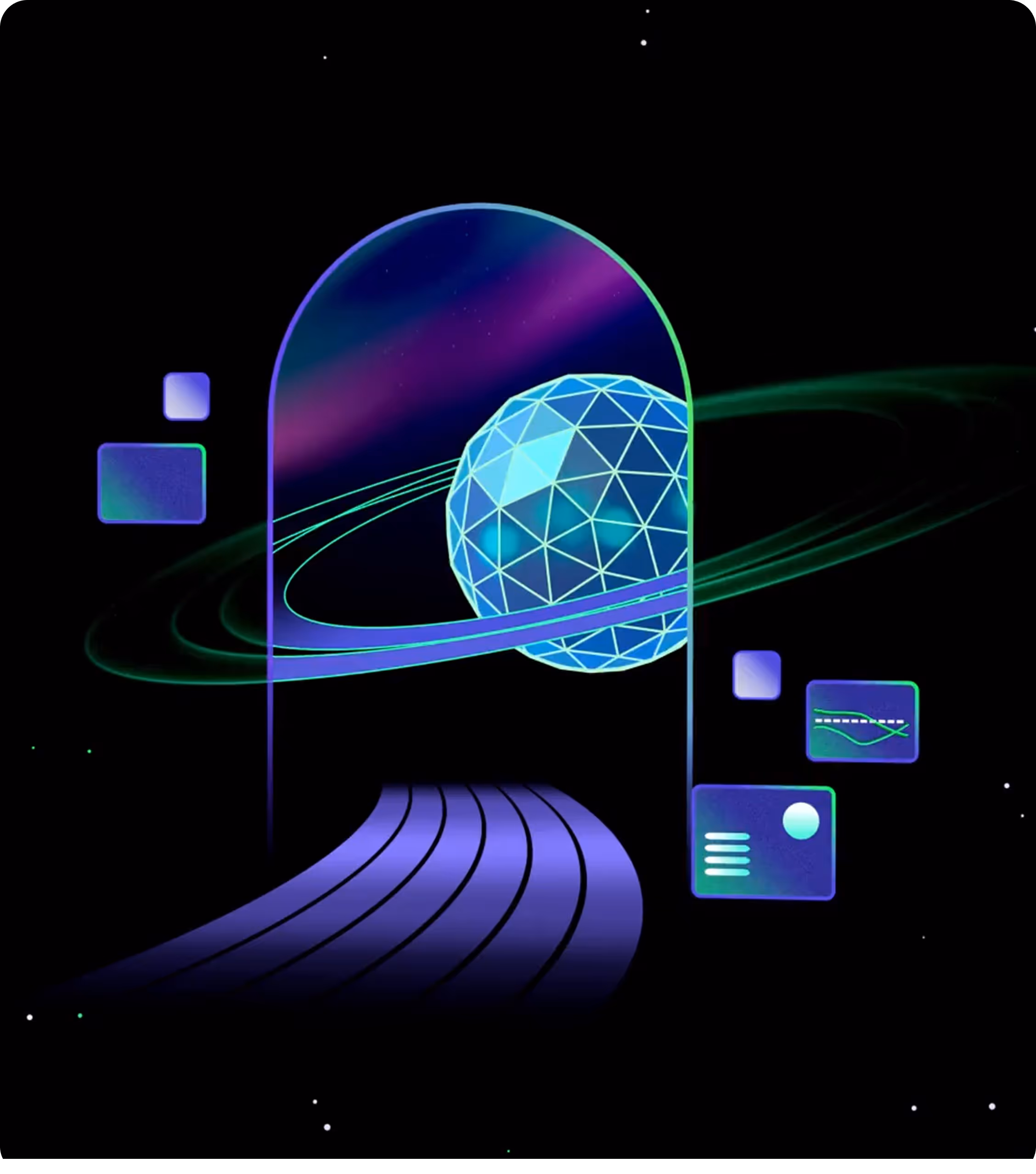 Futuristic digital portal revealing a glowing geometric planet with rings and floating interface icons on a dark space background.