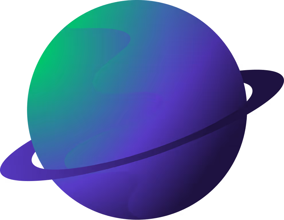 Stylized purple and green planet with a single dark ring around it.