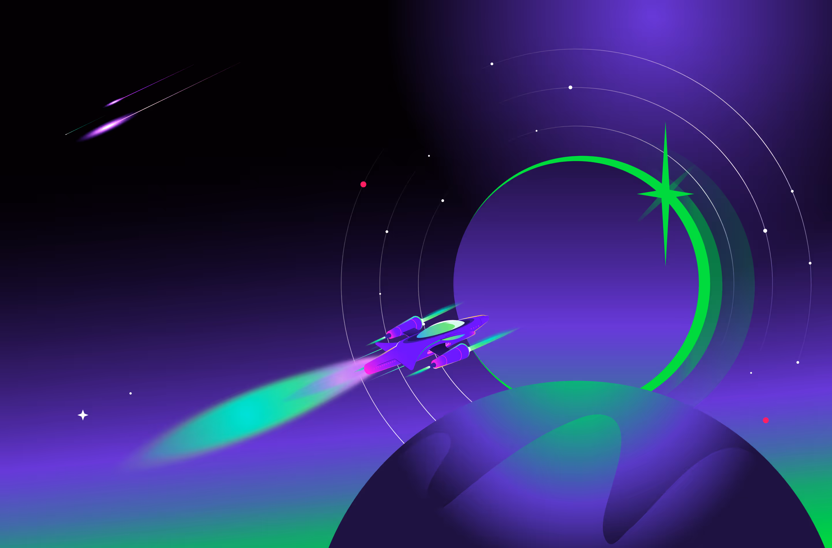 Purple and green spaceship flying above a glowing planet with a green crescent and star in space.