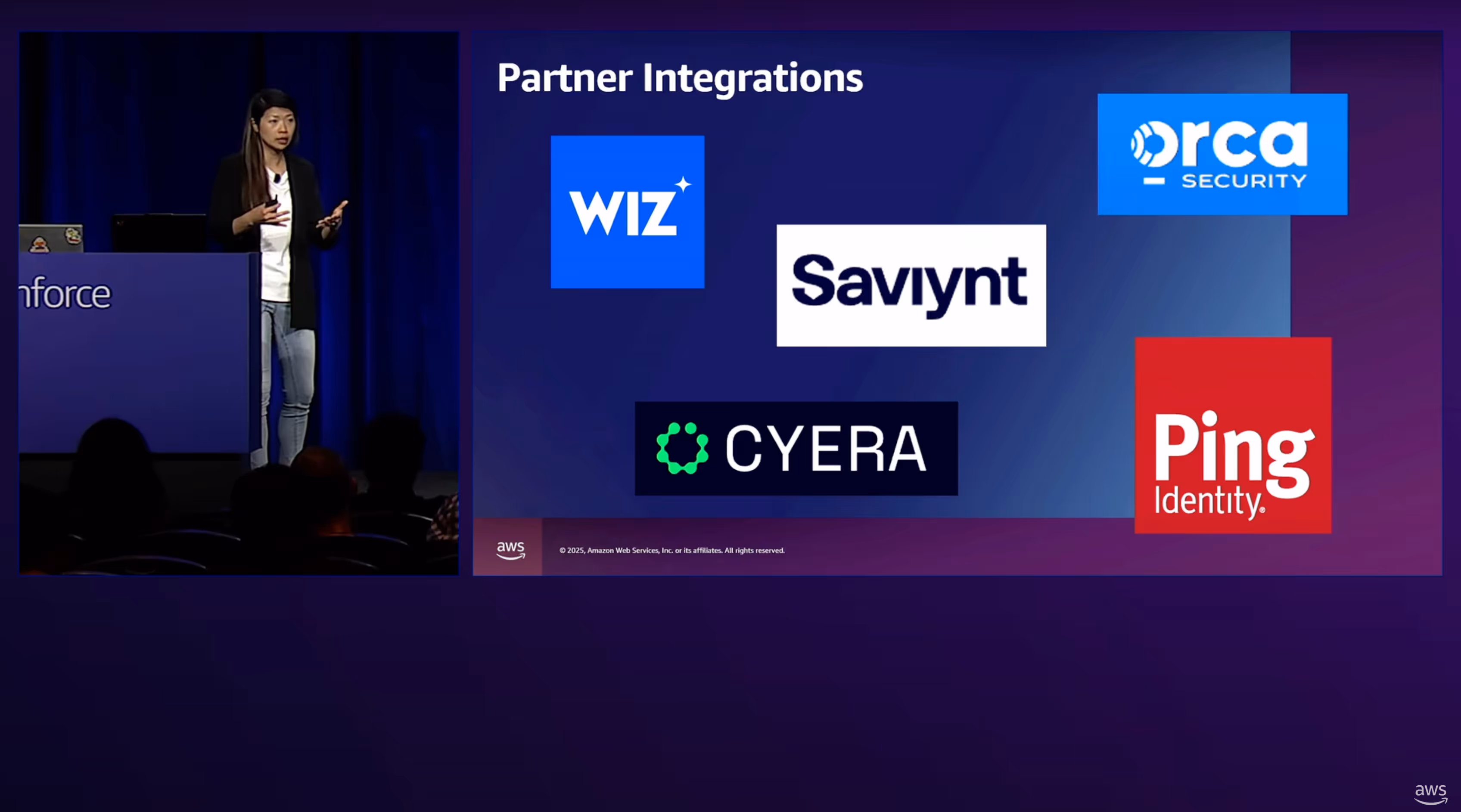 AWS presenter highlighting partner integrations including Cyera, Wiz, Orca Security, Saviynt, and Ping Identity
