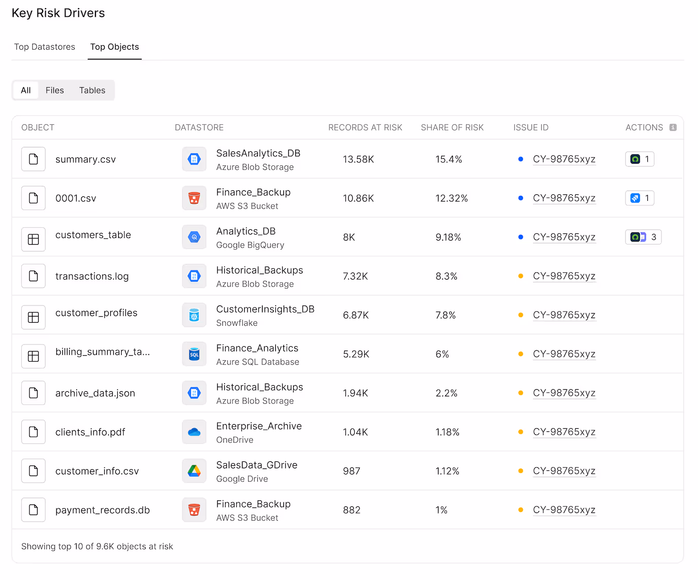 Dashboard connecting the Top Objects to its number of records, share of risk, and Issue ID