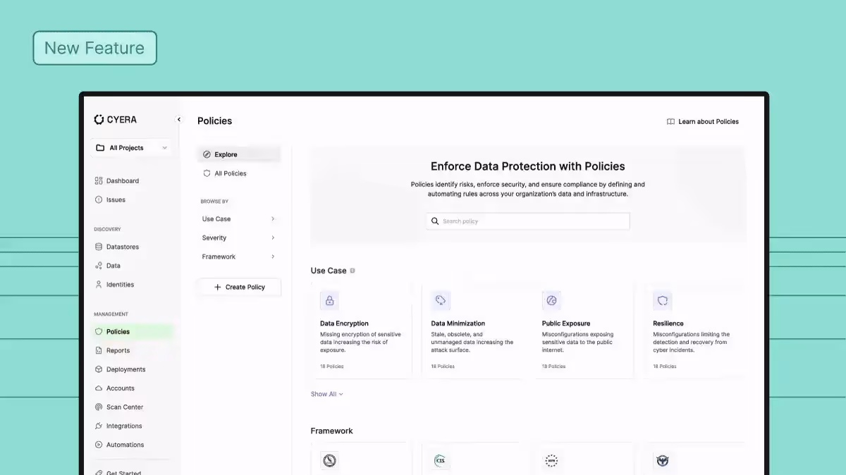 Animated demonstration of Cyera’s Policy Catalog interface for managing data security policies