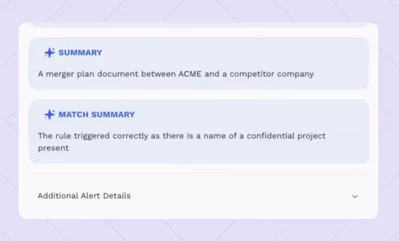 Animated demonstration of Data Loss Prevention (DLP) alert workflow showing detection and response in Cyera’s platform