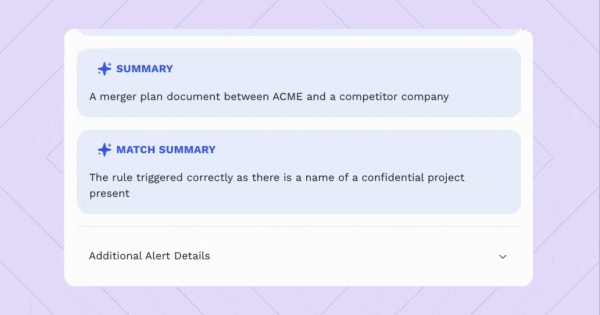 Démonstration animée du flux d’alerte de Data Loss Prevention (DLP) montrant la détection et la réponse sur la plateforme de Cyera