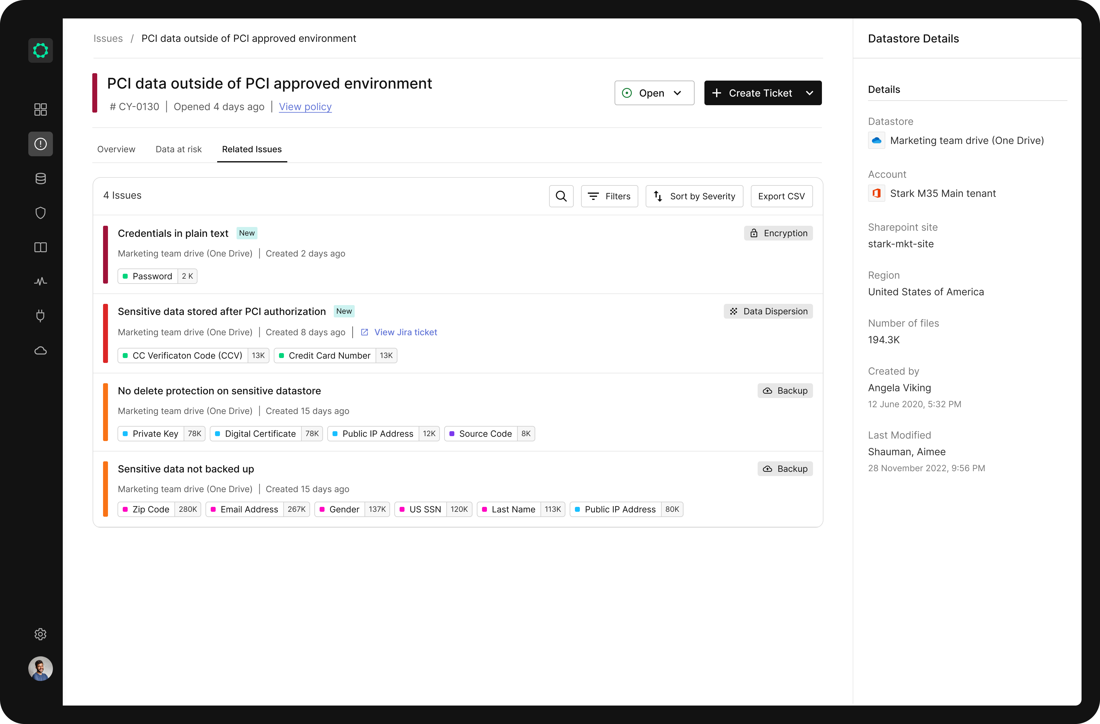 Captura de tela mostrando um problema de segurança de dados identificado pelo Cyera DSPM