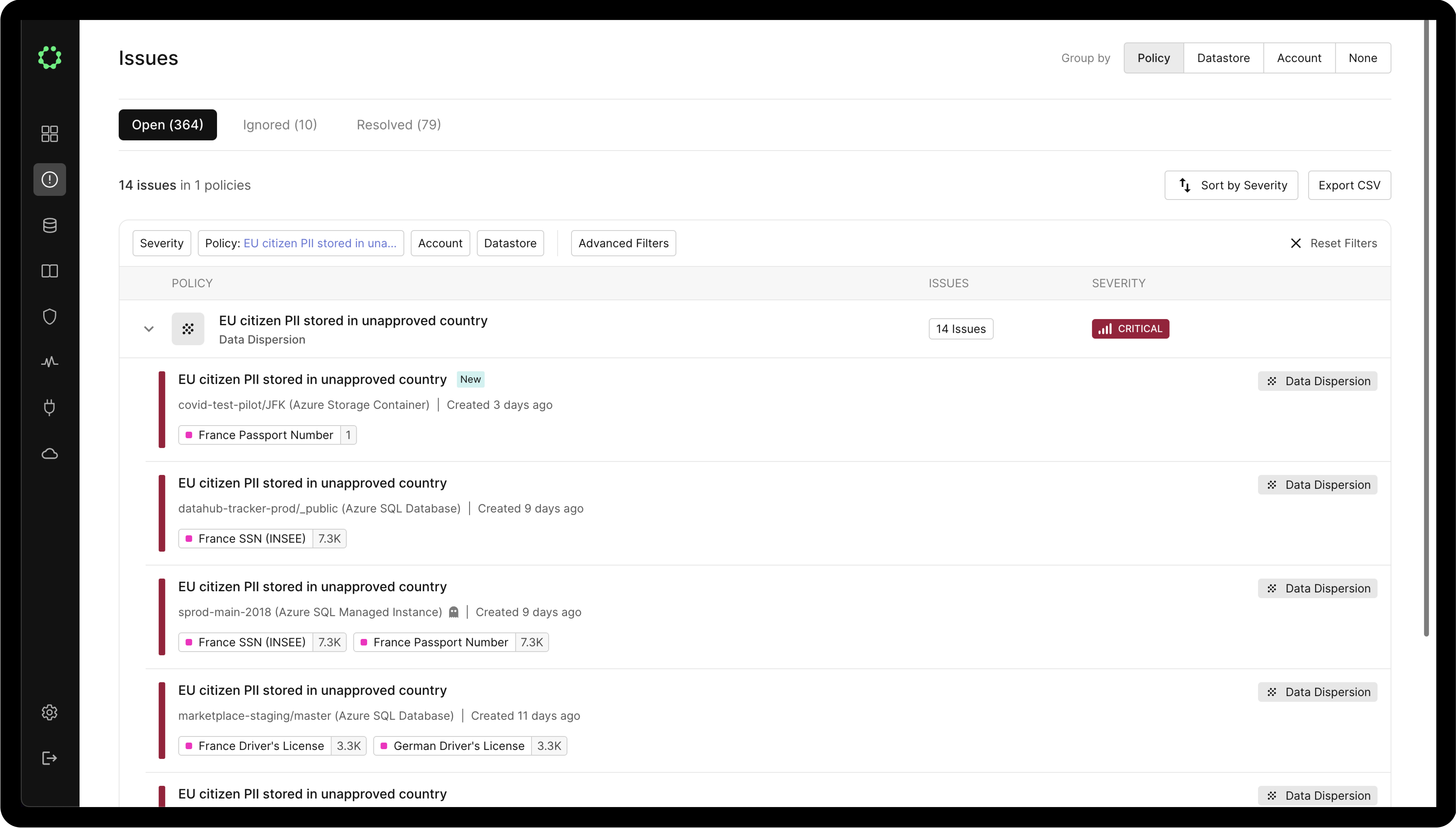 O Cyera Policy Engine identifica quando informações de identificação pessoal de cidadãos da UE estão sendo gerenciadas de forma que viola os estatutos do GDPR