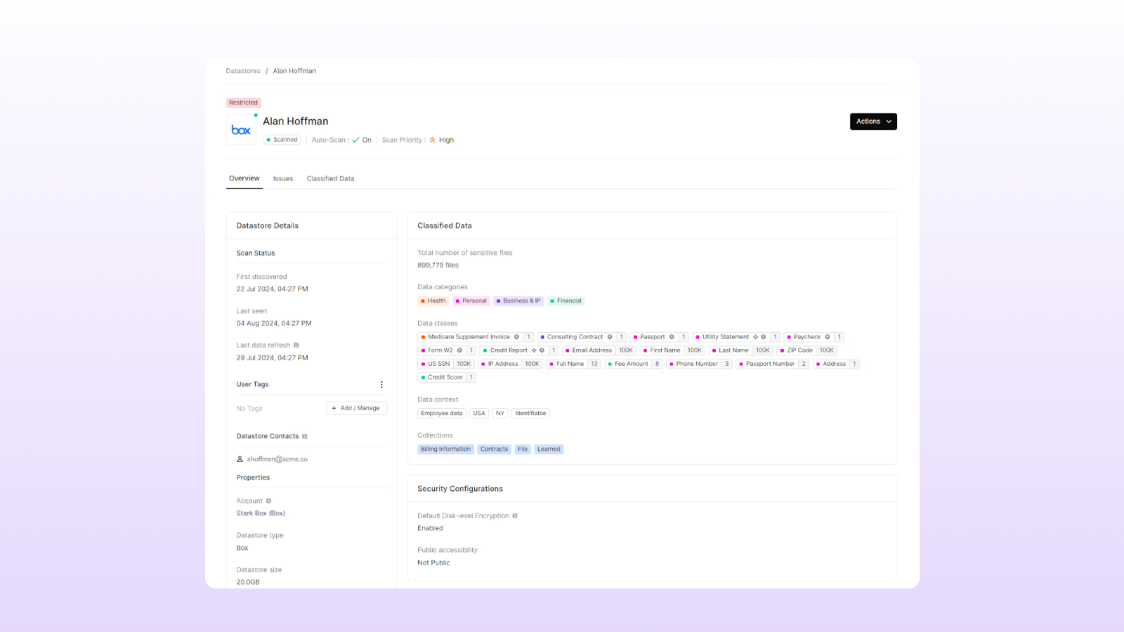 Interfaz de la plataforma Cyera que muestra el nuevo soporte lanzado para la integración con el almacenamiento en la nube de Box y funciones de seguridad de datos