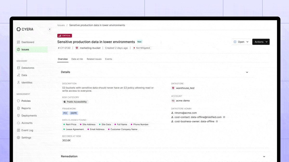 Diagrama animado que ilustra cómo la plataforma de seguridad de datos de Cyera automatiza el descubrimiento, la clasificación y la protección de datos sensibles en entornos en la nube