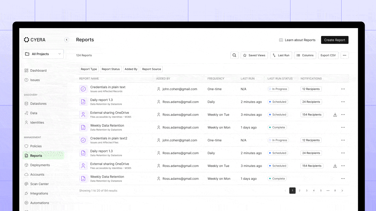 Demonstração animada do módulo de relatórios aprimorado da Cyera exibindo insights de segurança detalhados e análises visuais de dados