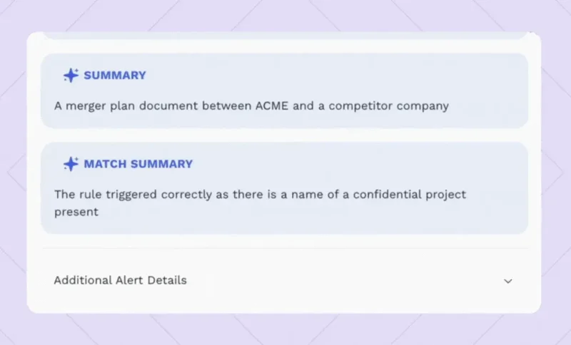 Demostración animada del flujo de trabajo de alertas de prevención de pérdida de datos (DLP) que muestra la detección y la respuesta en la plataforma de Cyera