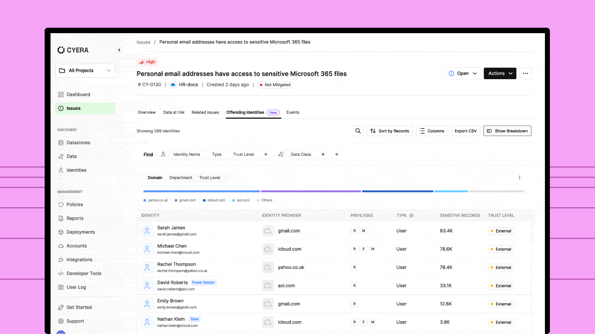 Gráfico animado ilustrando a nova aba Identidades Infratoras da Cyera