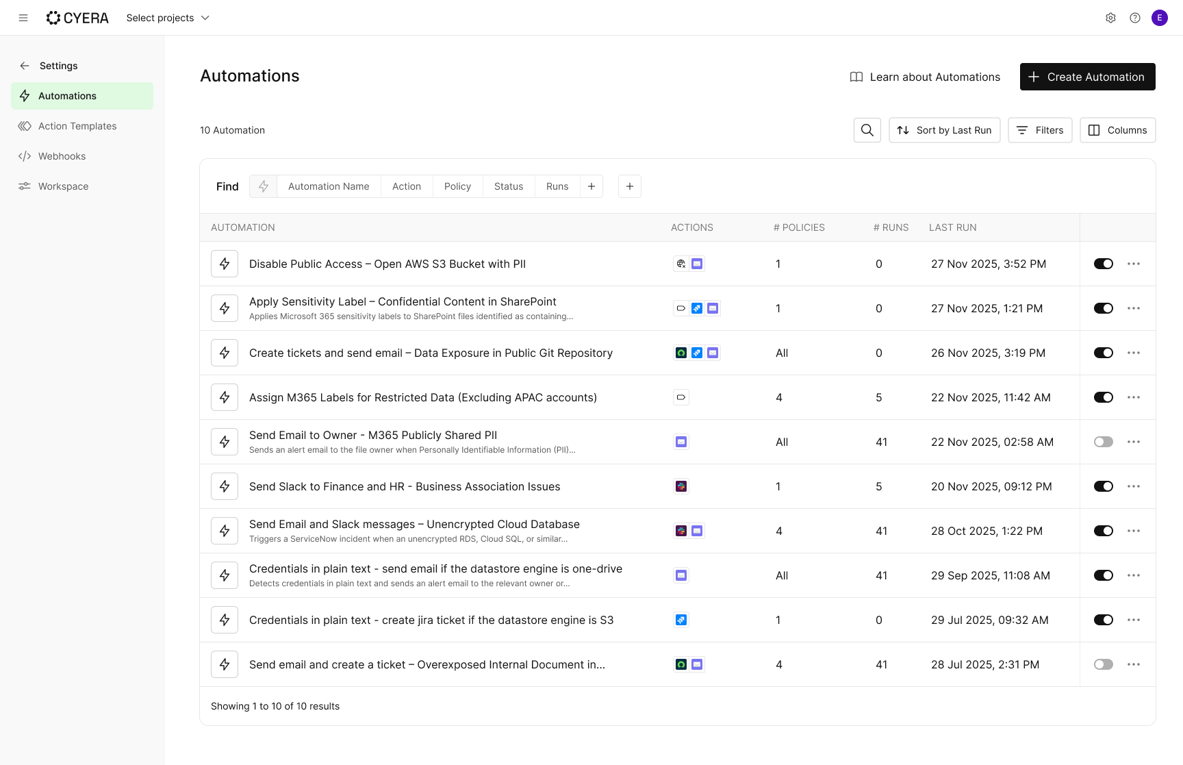 The Cyera Automation Center hub showing a centralized view of remediation workflows, such as creating Jira tickets or applying sensitivity labels.