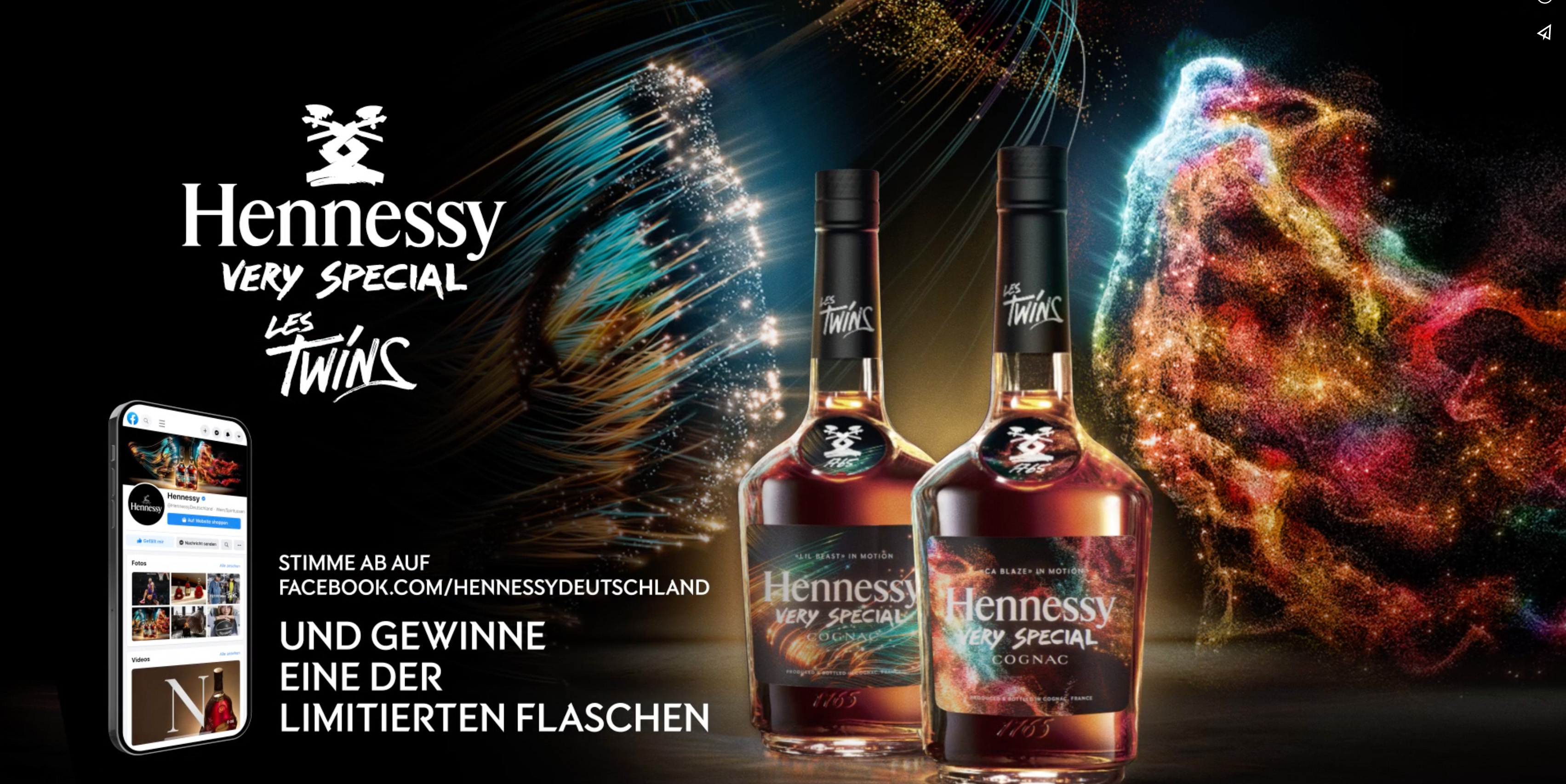 The image is from a Hennessy ad for the "Hennessy Very Special x Les Twins" edition. It features two uniquely designed cognac bottles, surrounded by colorful, dynamic light effects symbolizing the dance energy of Les Twins. A link to a Facebook page invites users to participate and win limited-edition bottles, highlighting themes of luxury, art, and creativity.