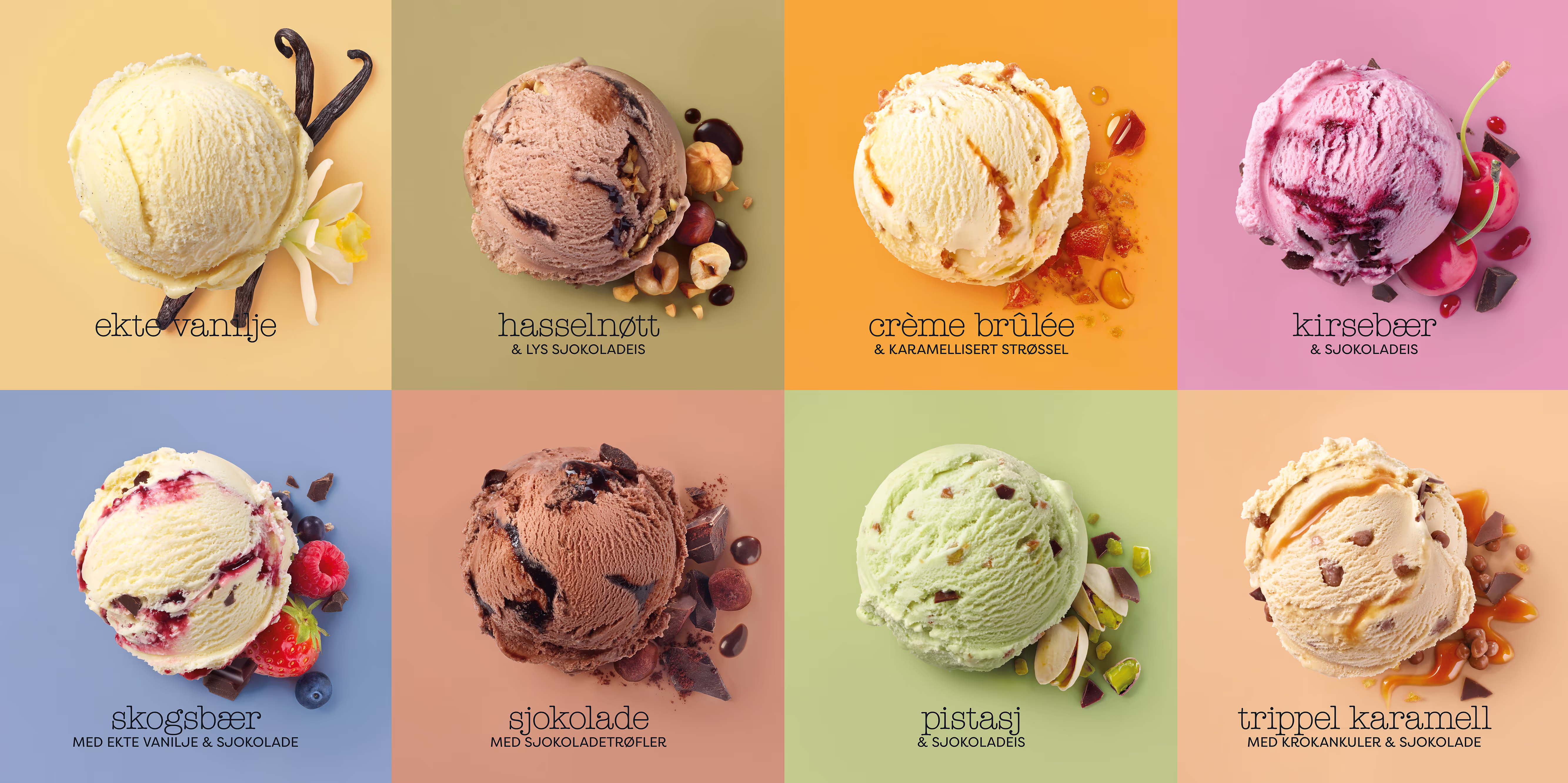 Foto is til pakning på Royal i boks.  Alle smaker i collage. Foto av Ulla Westbø