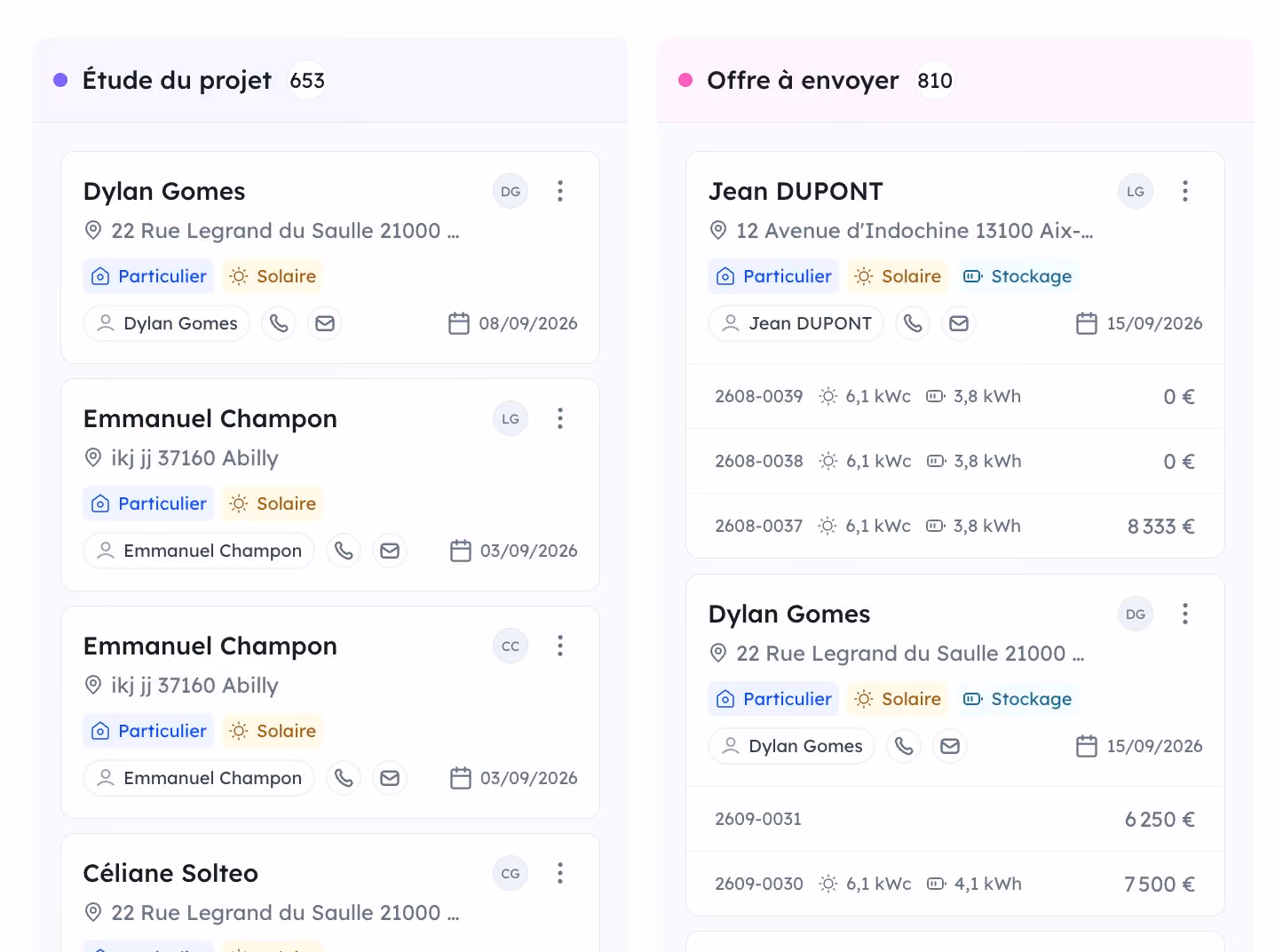 Capture d'écran de la vue kanban des projets dans Solteo