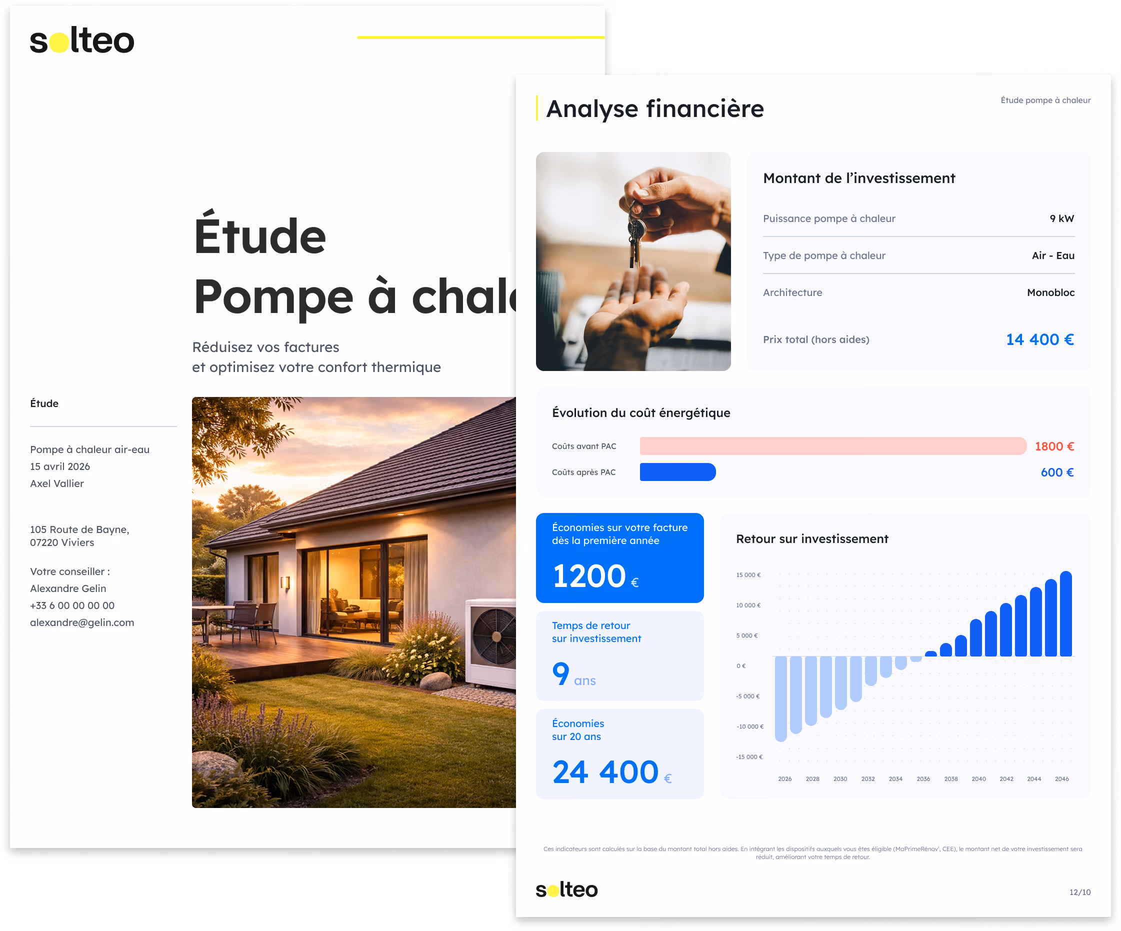 Deux pages de proposition commerciale pour une installation de pompe à chaleur