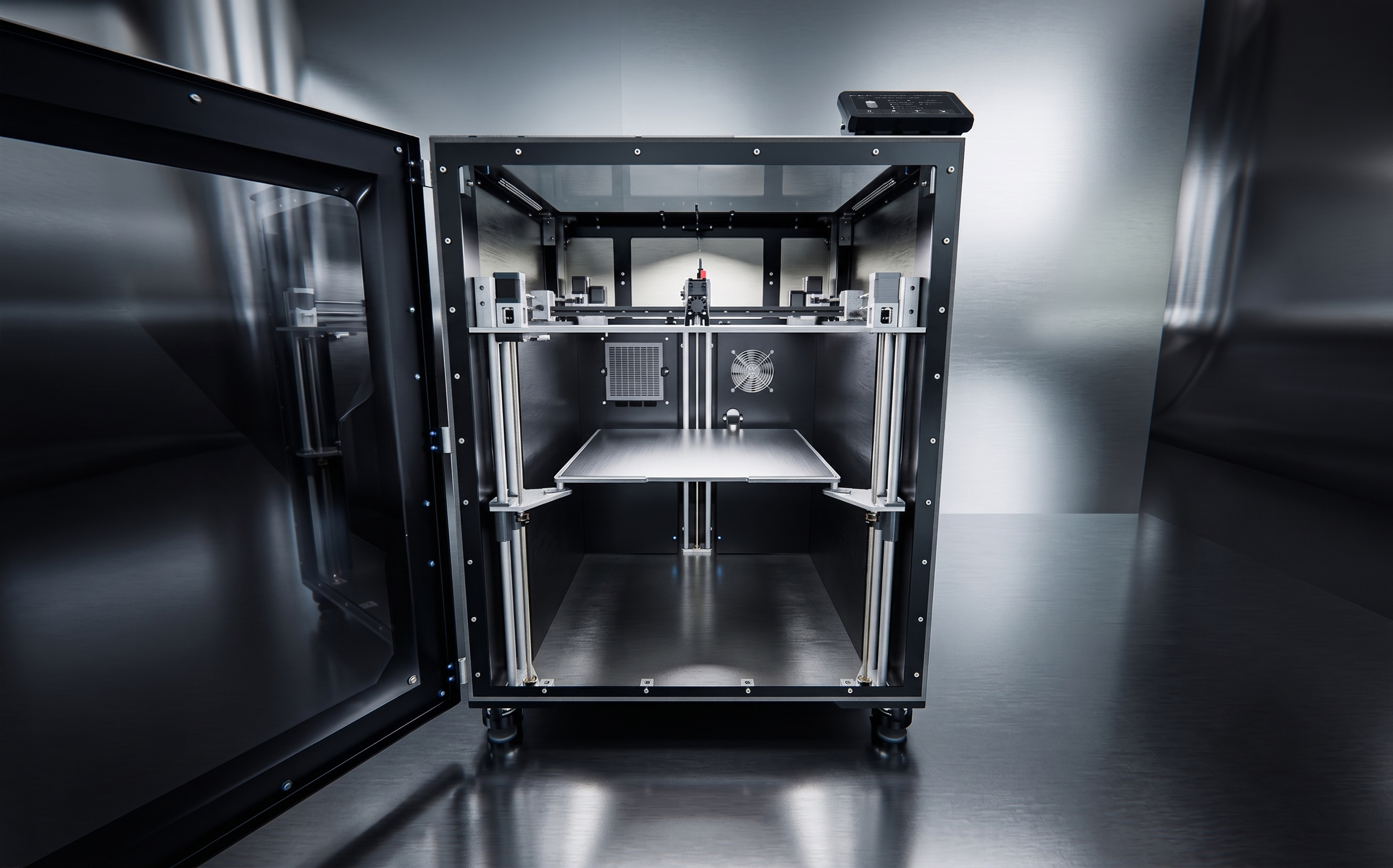 Disrupt V0 front access door open, showing the print chamber