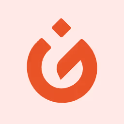 Abstract red flame-shaped logo on a light pink background.