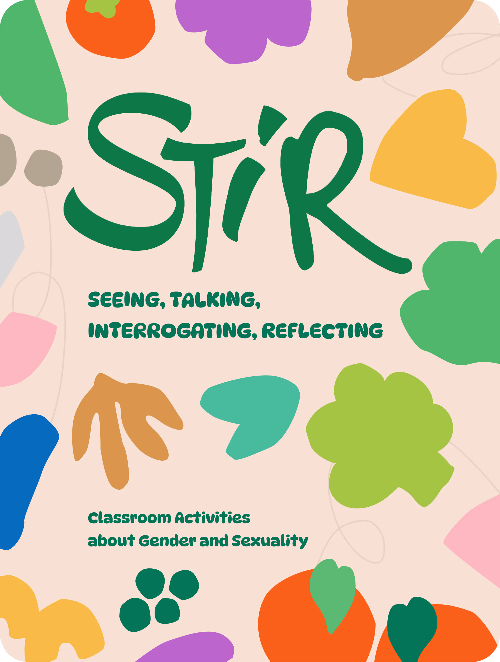 Front cover of the STIR resource with colorful decorative organic elements and text that outlines "Seeing, Talking, Interrogating, Relfecting"
