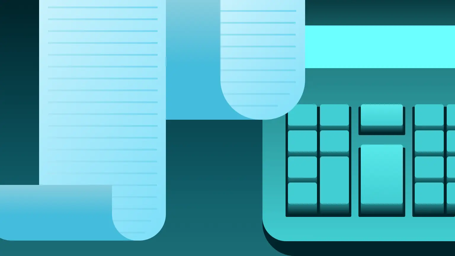 Payroll ledger illustration of a paper ledger scroll and calculator keypad