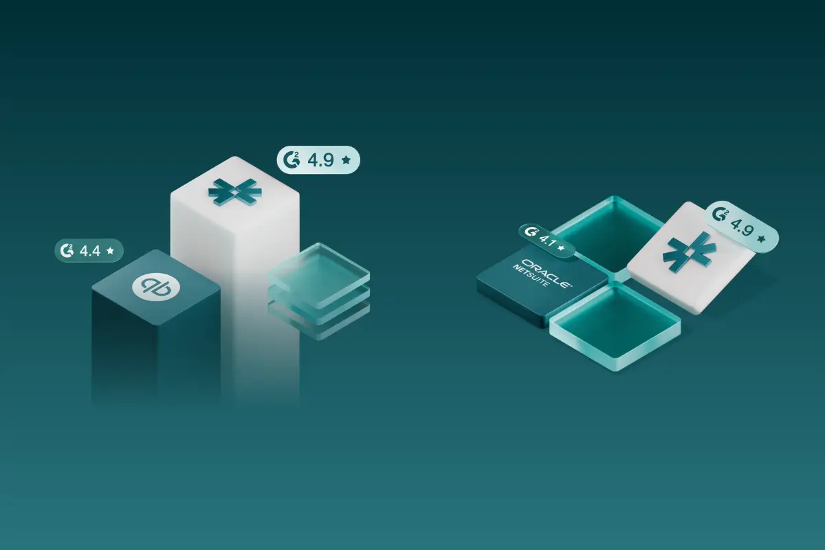 NetSuite vs QuickBooks comparison illustration with G2 ratings alongside DualEntry